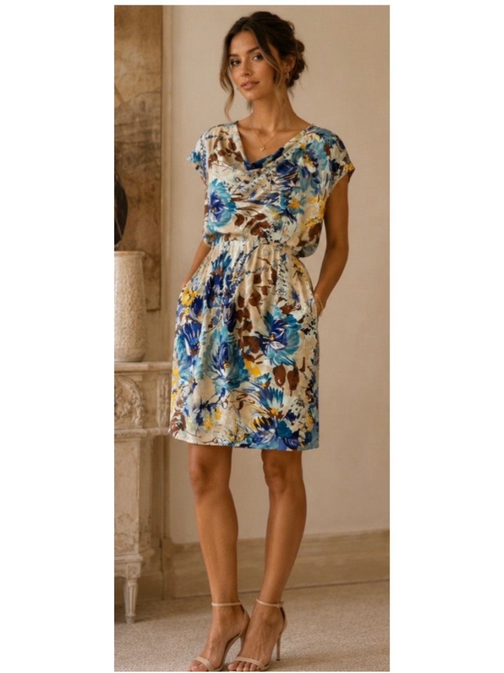 Tracy Reese Floral Silk Midi Dress Size M Blue Beige